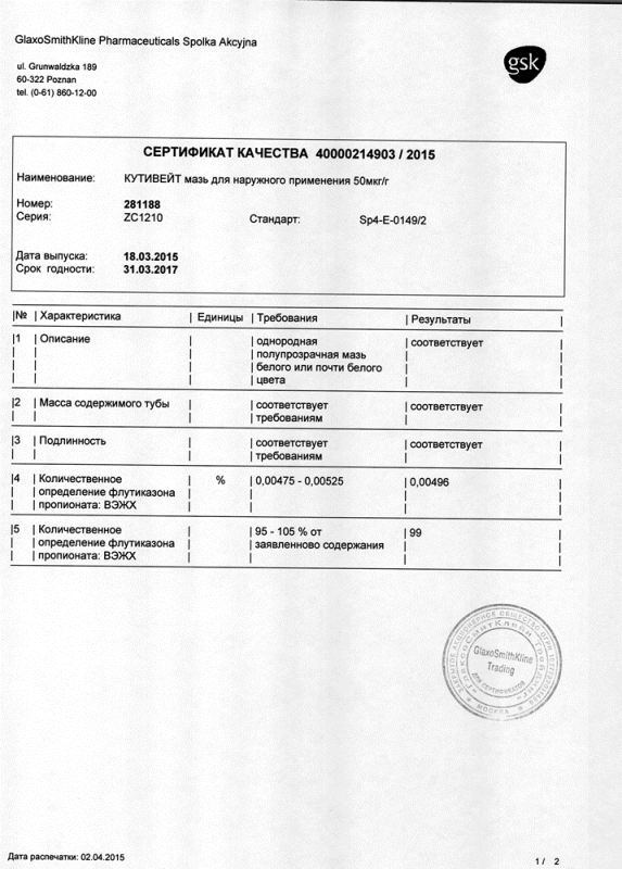 Кутивейт мазь 0.005%, 15 г