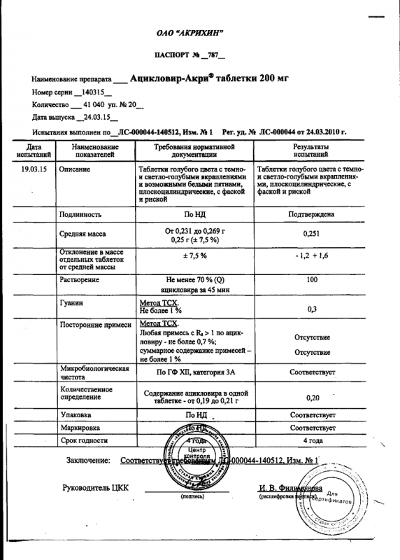 Ацикловир-Акрихин таблетки 200 мг, 20 шт.