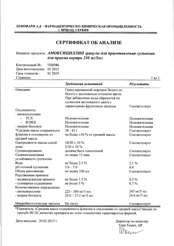 Амоксициллин суспензия 250 мг/5 мл, флаконы 100 мл