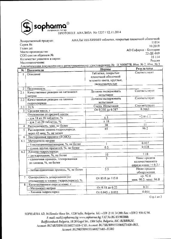 Анальгин-хинин таблетки, 20 шт.