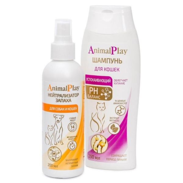 Animal Play Набор для кошек Успокаивающий шампунь с мелиссой 250мл+Спрей Нейтрализатор запаха 200мл 1уп