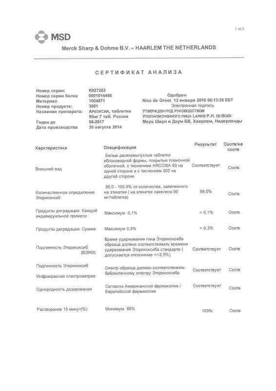 Аркоксиа таблетки покрыт.плен.об. 90 мг 7 шт. упак.