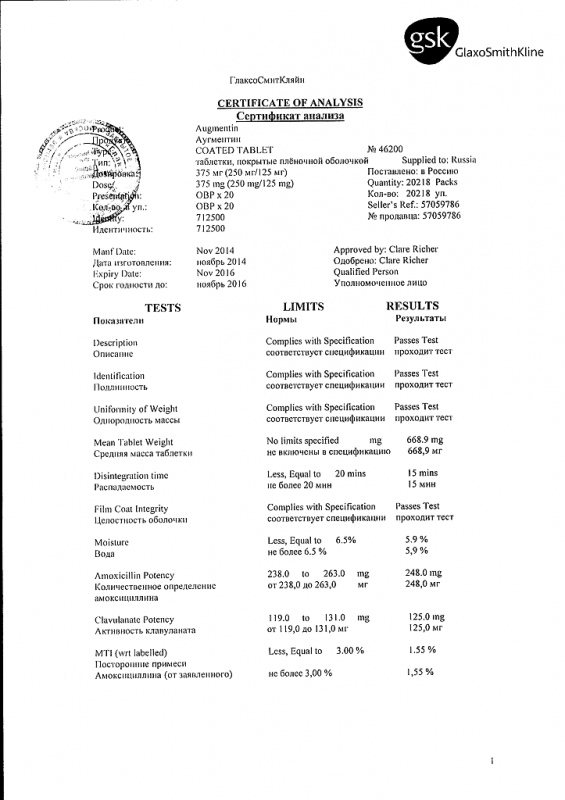 Аугментин таблетки 375 мг, 20 шт.