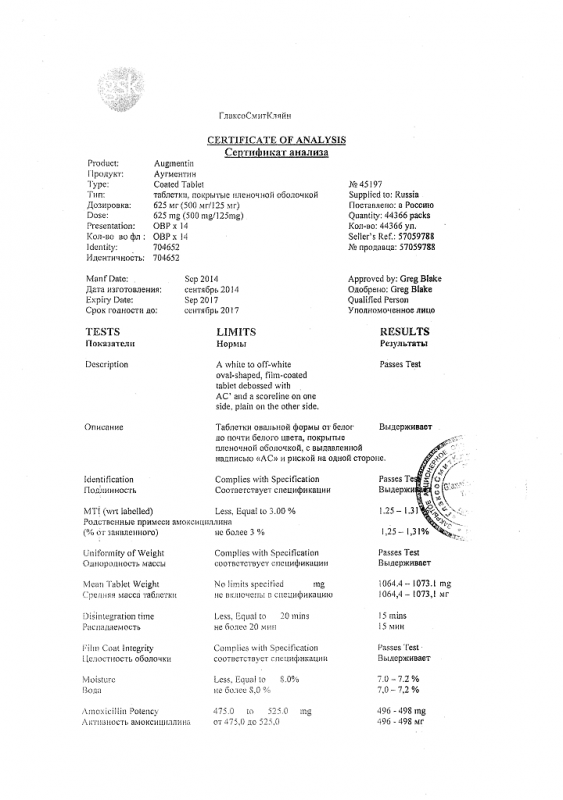 Аугментин таблетки 625 мг, 14 шт.