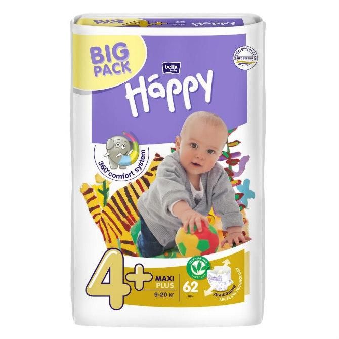 Bella Подгузники Baby Happy 4 maxi plus 9-20 кг BIG PACK 62 шт.