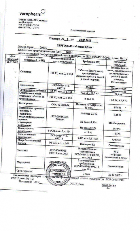 Берголак таблетки 0,5 мг, 2 шт.