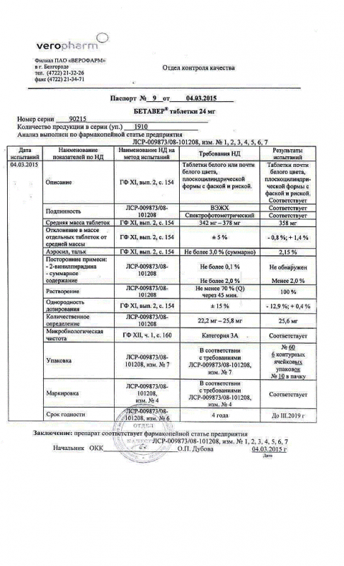 Бетавер таблетки 24 мг, 60 шт.