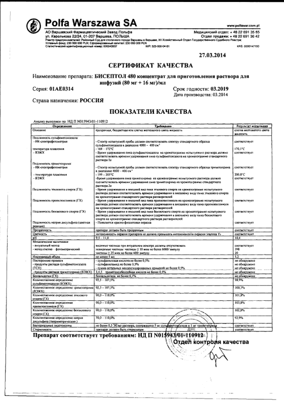 Бисептол 480 96мг/мл конц. д/приг. р-ра д/инф. 5мл амп. х10 б м (r)