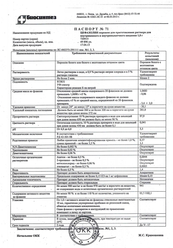 Цефазолин Сандоз пор. д/приг р-ра для в/вен.и в/мыш.введ. фл.1 г