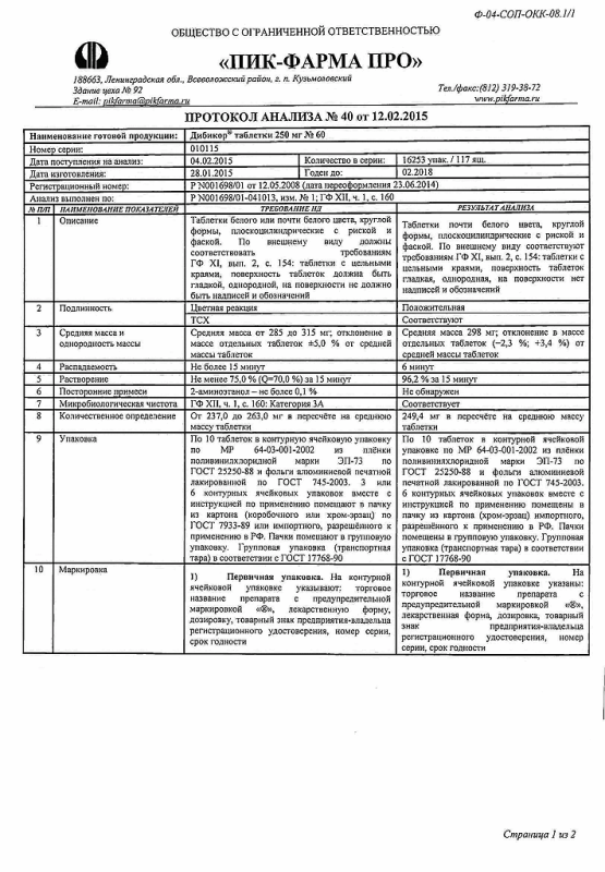 Дибикор таблетки 250 мг, 60 шт.