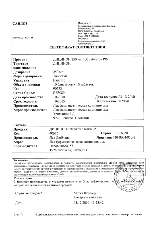 Дицинон таблетки 250 мг, 100 шт.