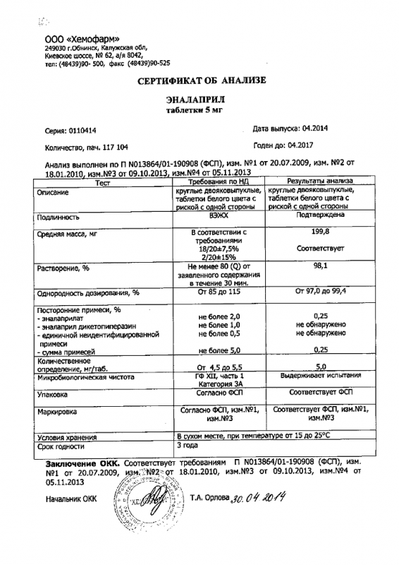 Эналаприл таблетки 5 мг, 20 шт.