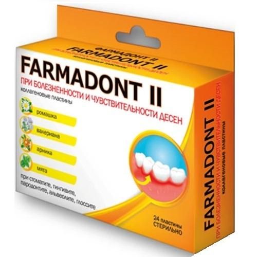 Farmadont II Пластины коллагеновые c ромашкой, валерианой, арникой, мятой при болезненности и чувствительности десен 24 шт.
