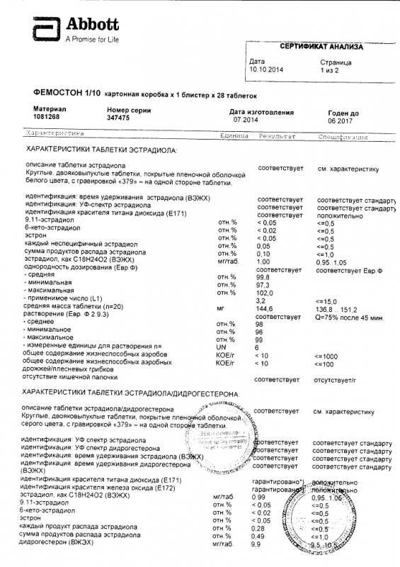 Фемостон 1/10 таб. п/пл/об. х28