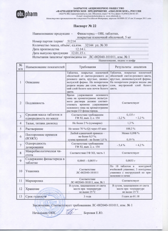 Финастерид-OBL таблетки покрыт.плен.об. 5 мг 30 шт.