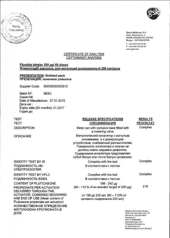 Фликсотид аэрозоль для ингаляций 250 мкг/доза, 60 доз