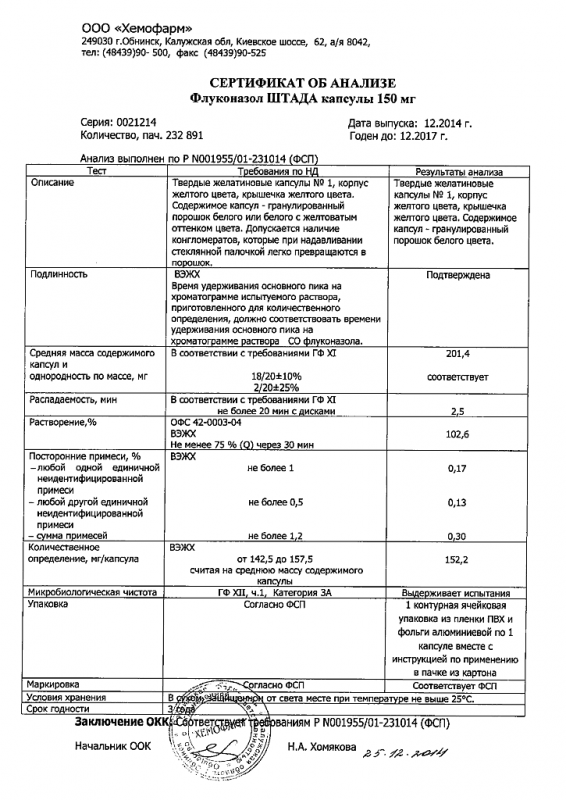 Флуконазол Штада капсулы 150 мг, 1 шт.