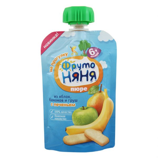ФрутоНяНя Пюре из яблок с бананомгрушей и печеньем пауч 6 мес. 90 г
