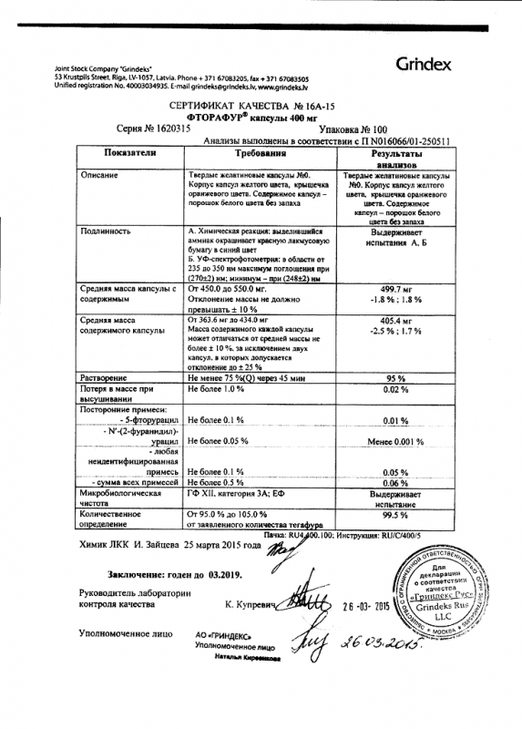 Фторафур капсулы 400 мг, 100 шт.