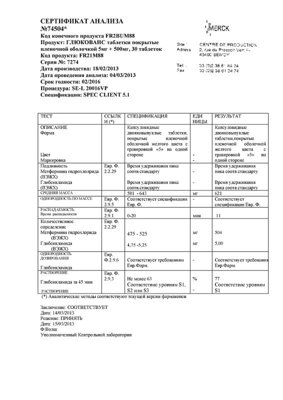 Глюкованс таблетки 500 мг/5 мг, 30 шт упак.