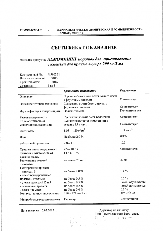 Хемомицин порошок д/приг суспензии для приема внутрь 200 мг/5 мл 10 г 1шт.