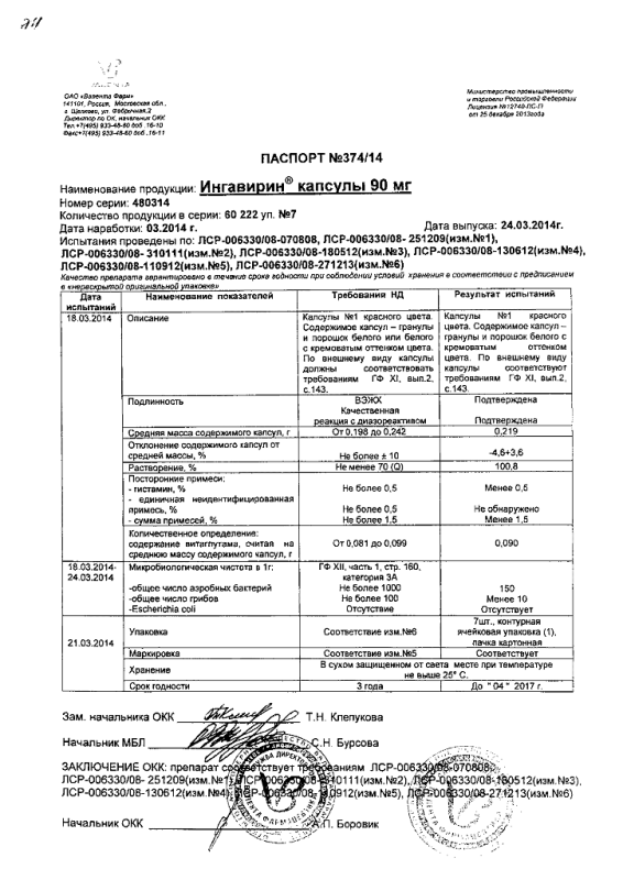 Ингавирин капсулы 90 мг, 10 шт.