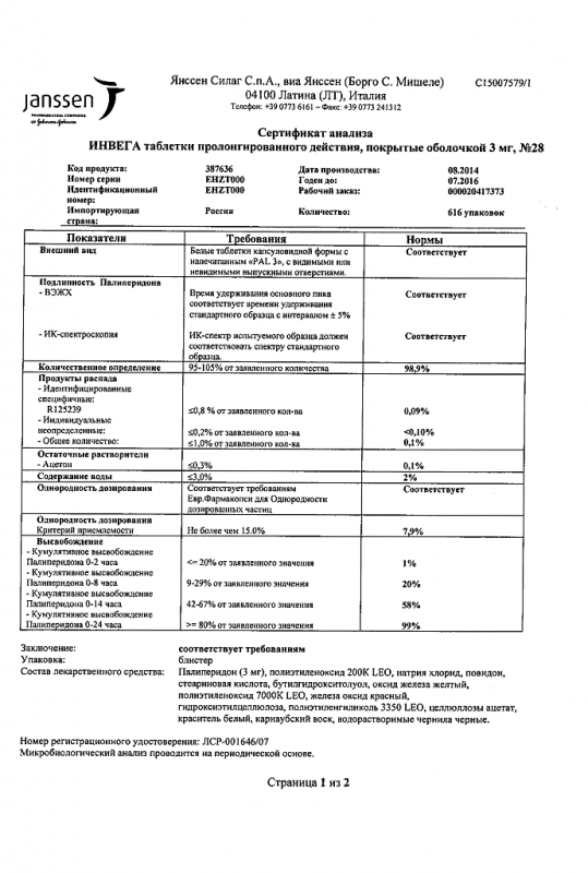 Инвега таблетки пролонгированного действия 3 мг, 28 шт.