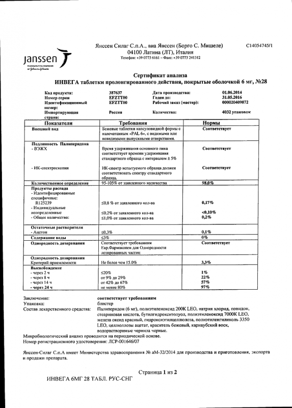 Инвега таблетки пролонгированного действия 6 мг, 28 шт.