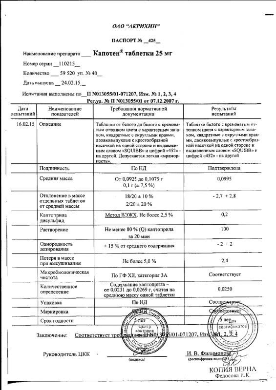 Капотен таблетки 25 мг