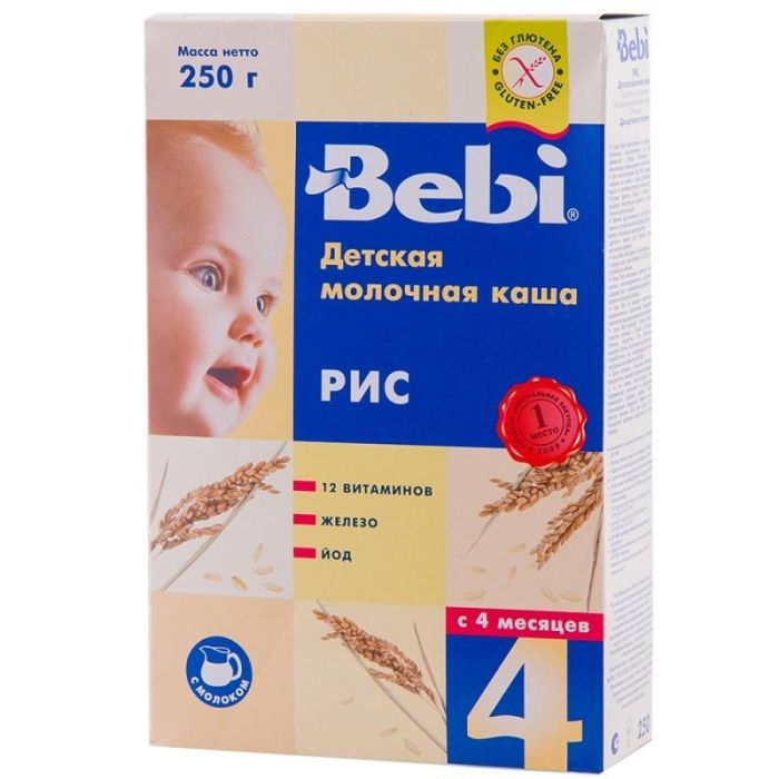 Каша Беби (Bebi) молочная рисовая с витаминами железом и йодом 4 мес. 250г упак.