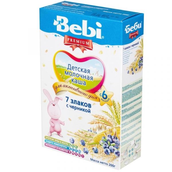 Каша Беби (Bebi) Премиум молочная 7 злаков с черникой 6 мес. 200г упак. Каша Беби (Bebi) Премиум молочная 7 злаков с черникой 6 мес. 200г упак.