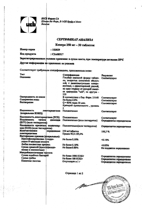 Кеппра таблетки 250 мг, 30 шт.