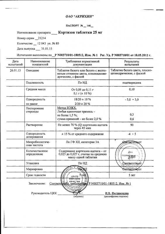 Кортизон ацетат таблетки 25 мг, 80 шт.