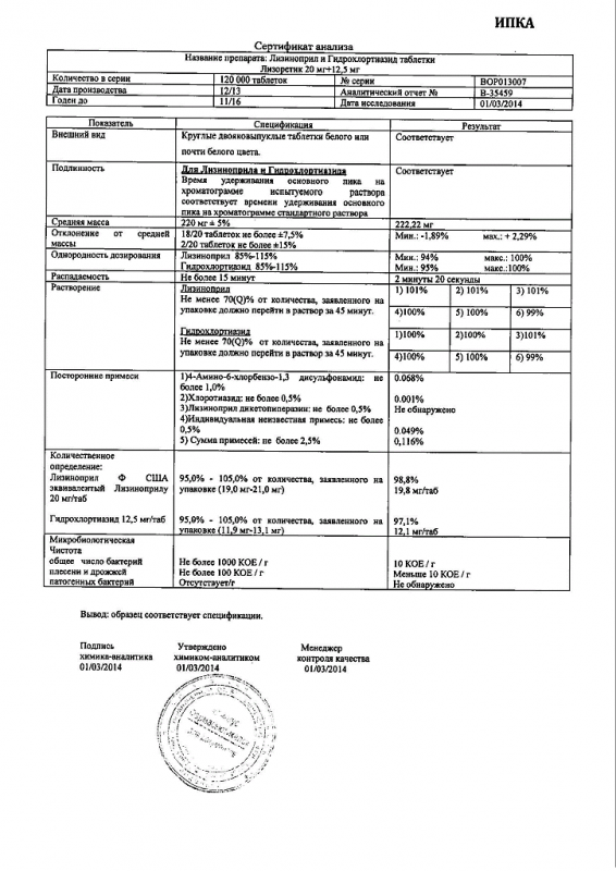 Лизоретик таблетки 20 мг+12,5 мг, 28 шт.