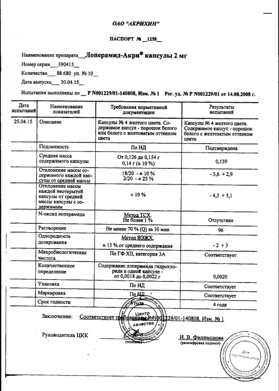 Лоперамид-Акрихин капсулы 2 мг 10 шт.