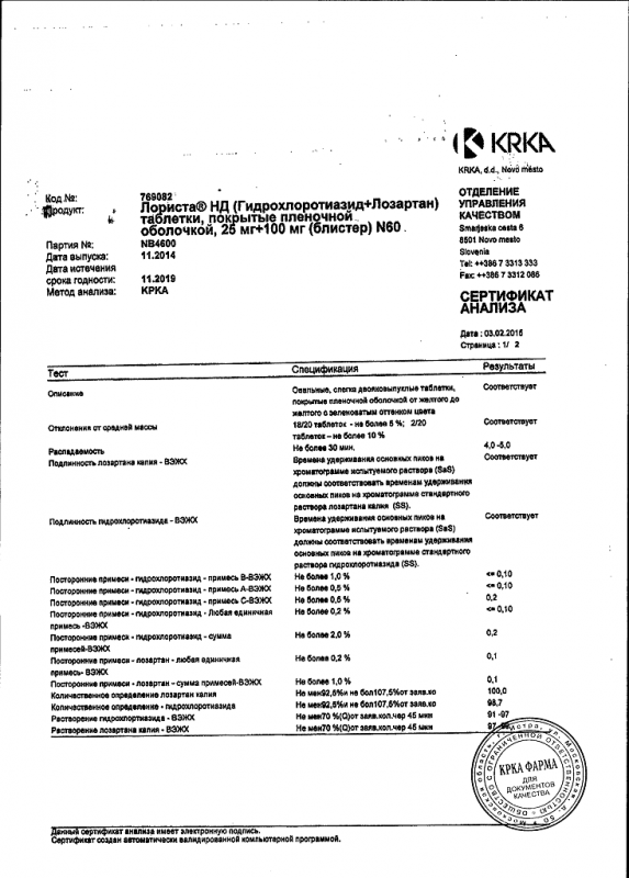 Лориста нд таблетки 100 мг+25 мг, 60 шт.