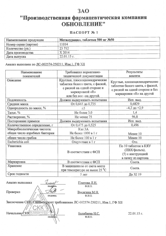 Метилурацил таблетки 500 мг, 50 шт.