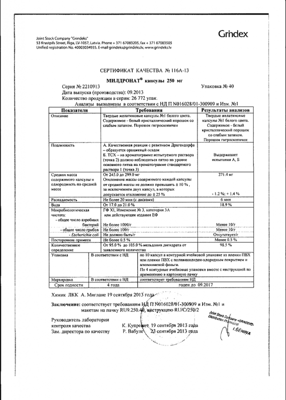 Милдронат капсулы 250 мг, 40 шт.