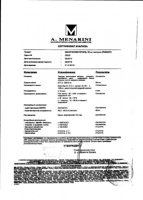 Моночинкве ретард капсулы ретард 50 мг, 30 шт.