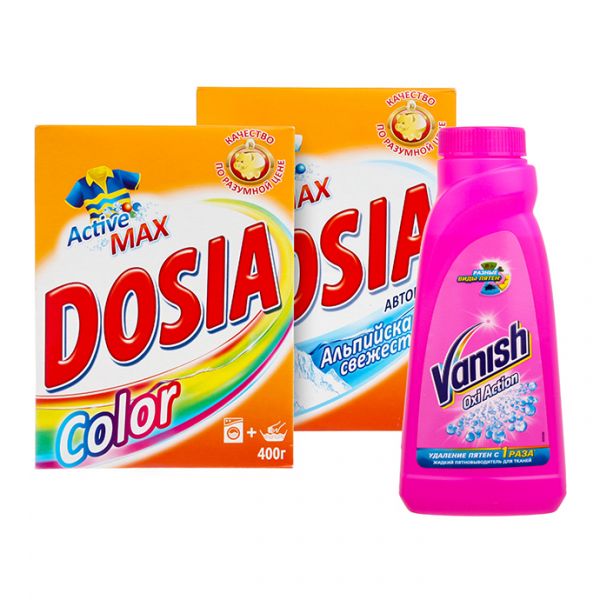 Набор для стирки Dosia Color пор.автомат 400г+Dosia Альпийская свеж. пор.автомат 400г+Vanish Oxi Action пятновыводитель для тканей. 1 уп.