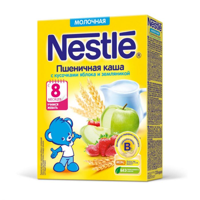 Нестле (Nestle) каша молочная пшеничная с кусочками яблока и земляники с бифидобактериями с витаминами и минералами 8 мес. 220 г