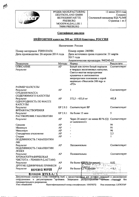 Нейронтин капсулы 300 мг, 100 шт.