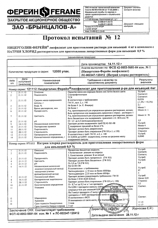 Ницерголин ампулы 4 мг , 5 мл, 5 шт.