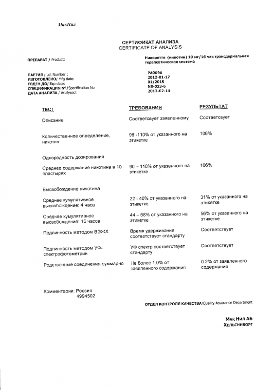 Никоретте трансдермальная терапевтическая система 10 мг/16 ч , 7 шт.