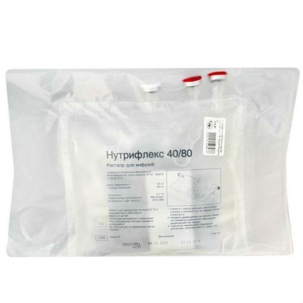 Нутрифлекс 40/80 раствор для инфузий 1000 мл контейнер сдвоенный 5 шт. Нутрифлекс 40/80 раствор для инфузий 1000 мл контейнер сдвоенный 5 шт.