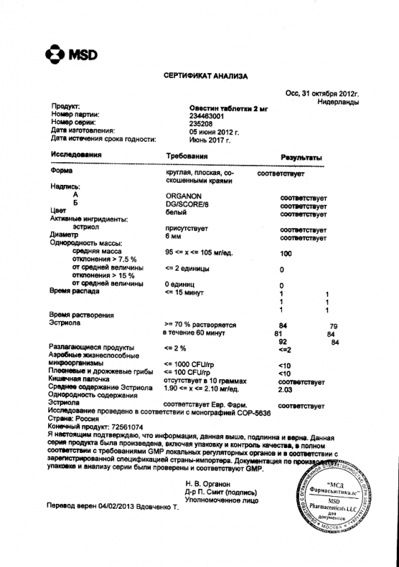 Овестин таблетки 2 мг, 30 шт.