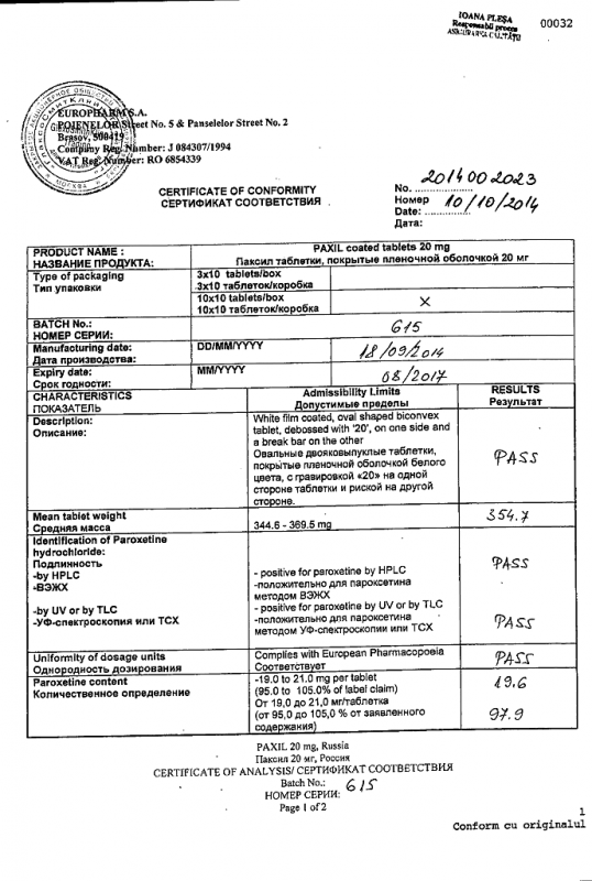 Паксил таблетки 20 мг, 100 шт.