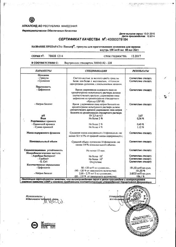 Панцеф суспензия 100 мг/5 мл, 60 мл/32 г