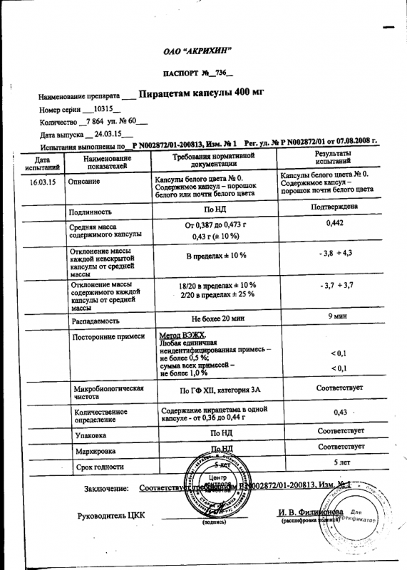 Пирацетам капсулы 400 мг, 60 шт.