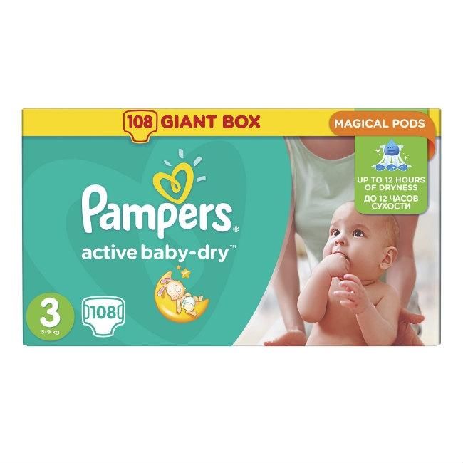 Подгузники Памперс (Pampers) Актив Бэби-Драй миди (5-9 кг) упаковка 108 шт.